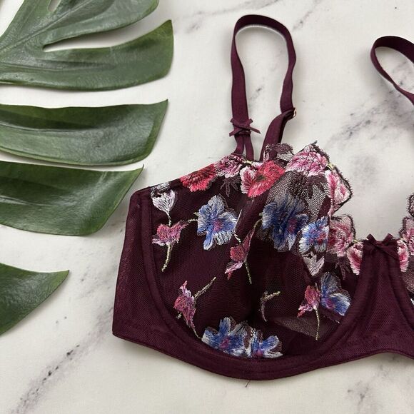 Victorias Secret Unlined Demi Bra Size 36 D Purple Pink Embroidered Lace Sheer - Picture 3 of 8